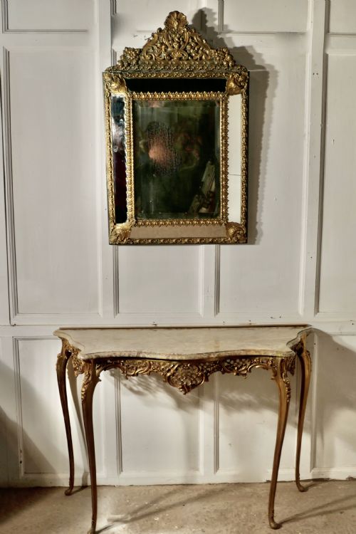 French Brass and Marble Console Table with Matching Cushion Mirror