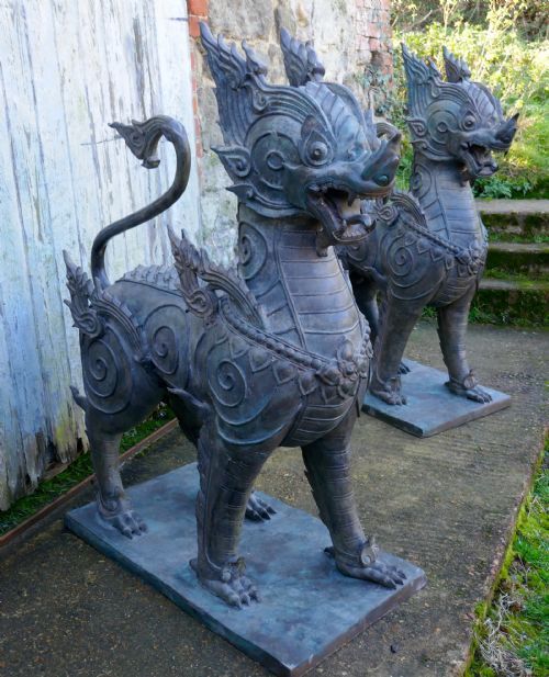 A Pair of Large Bronze Thai Temple Guardian Foo Lion Dogs