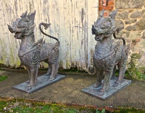 fig 2. A Pair of Large Bronze Thai Temple Guardian Foo Lion Dogs