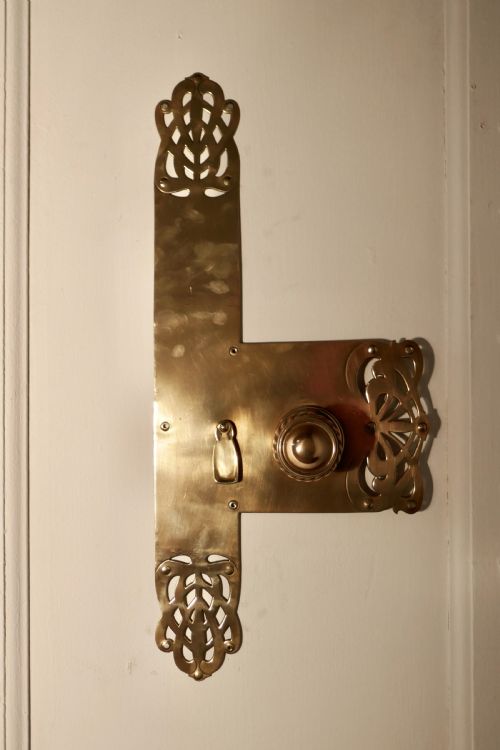 Large Art Nouveau Brass Front Door Plate with Knob and Escutcheon