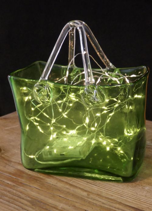 fig 1. Quirky Art Deco Hand Blown Green Glass Handbag Vase