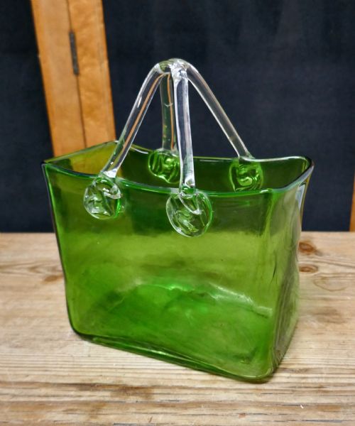 Quirky Art Deco Hand Blown Green Glass Handbag Vase