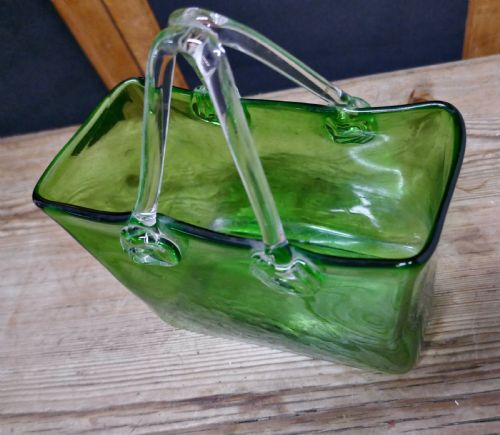 fig 2. Quirky Art Deco Hand Blown Green Glass Handbag Vase