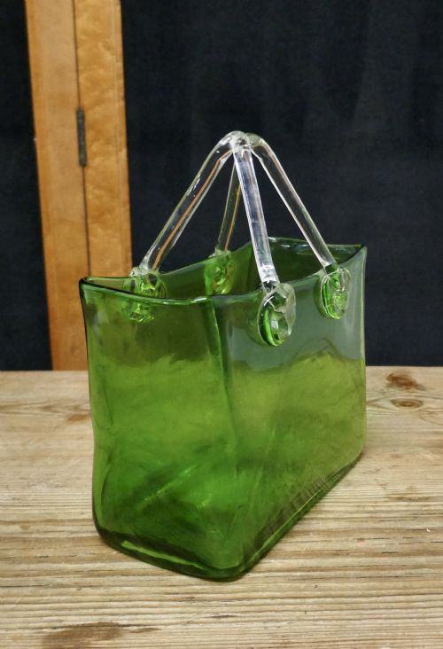 fig 3. Quirky Art Deco Hand Blown Green Glass Handbag Vase