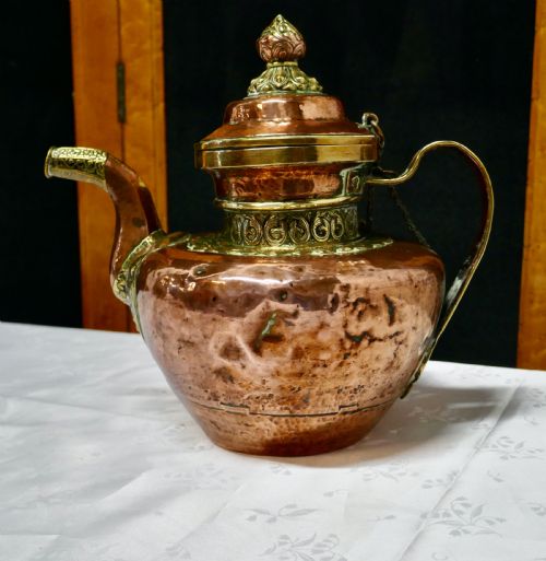 Charming 19th Century Indian Beaten Copper and Chased Brass Tea Pot