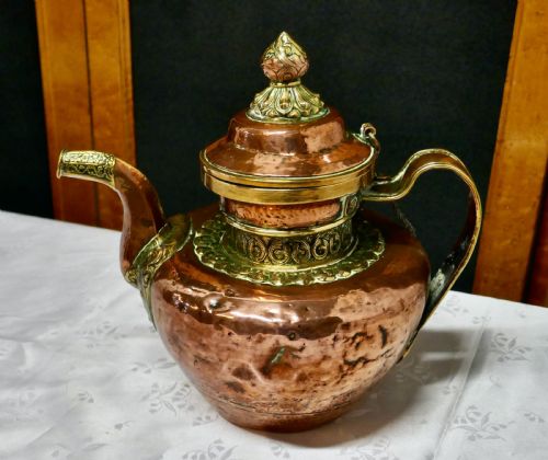 fig 1. Charming 19th Century Indian Beaten Copper and Chased Brass Tea Pot