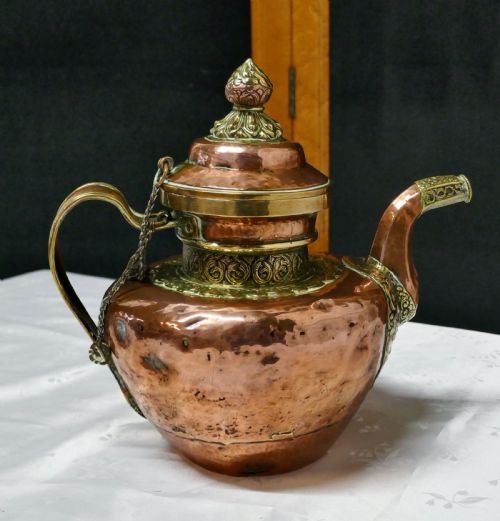 fig 3. Charming 19th Century Indian Beaten Copper and Chased Brass Tea Pot