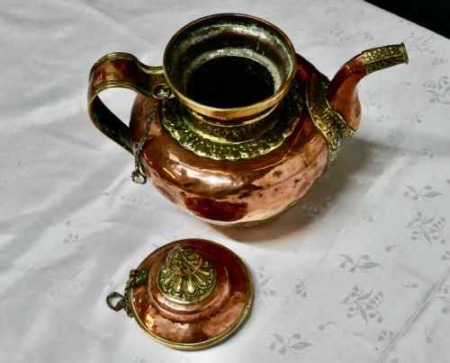 fig 4. Charming 19th Century Indian Beaten Copper and Chased Brass Tea Pot