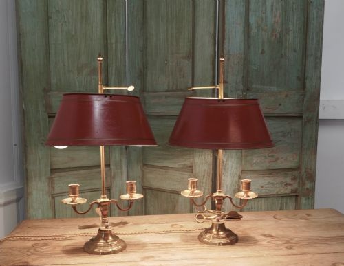 Pair of French Painted Toleware and Brass Twin Table Lamps