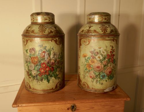 fig 1. A Pair of Early Very Large Hand Painted Toleware Tea Canisters, with Lids, 