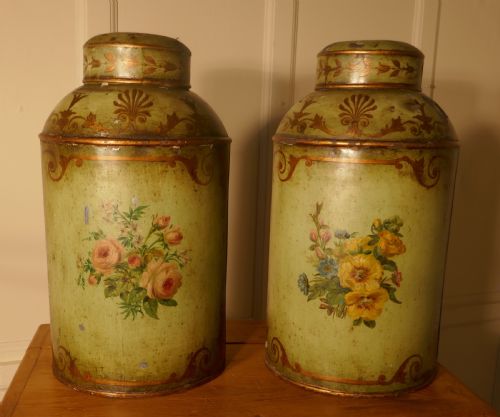 fig 2. A Pair of Early Very Large Hand Painted Toleware Tea Canisters, with Lids, 