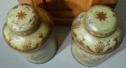 fig 3. A Pair of Early Very Large Hand Painted Toleware Tea Canisters, with Lids, 