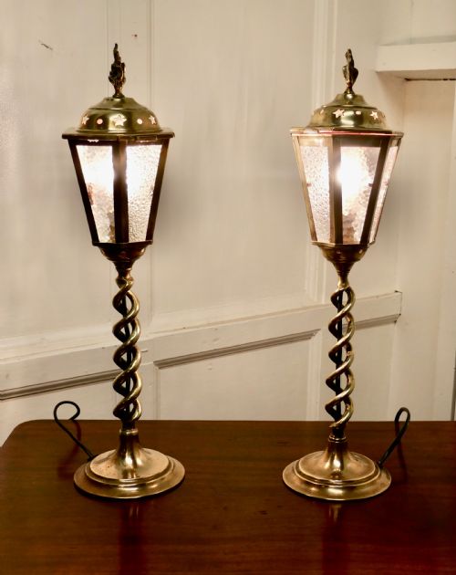 A Pair of Arts and Crafts Barley Twist Brass Hall Table Lanterns