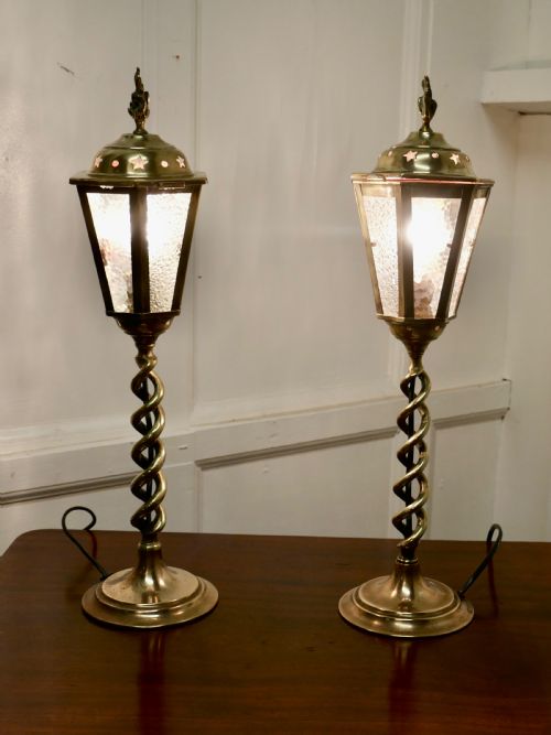 fig 2. A Pair of Arts and Crafts Barley Twist Brass Hall Table Lanterns