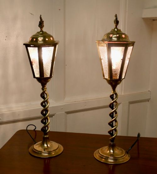 fig 3. A Pair of Arts and Crafts Barley Twist Brass Hall Table Lanterns
