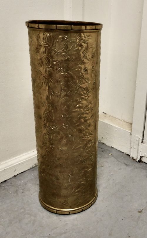 fig 1. Arts and Crafts Embossed Brass Stick Stand, Umbrella Stand