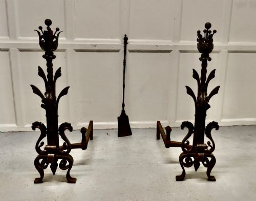 Very Large Heavy Pair of French Iron Andirons