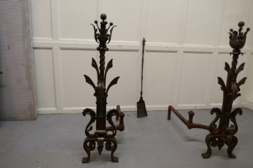 fig 1. Very Large Heavy Pair of French Iron Andirons