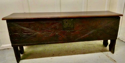 17th Century Carved Oak 6 Plank Sword Chest