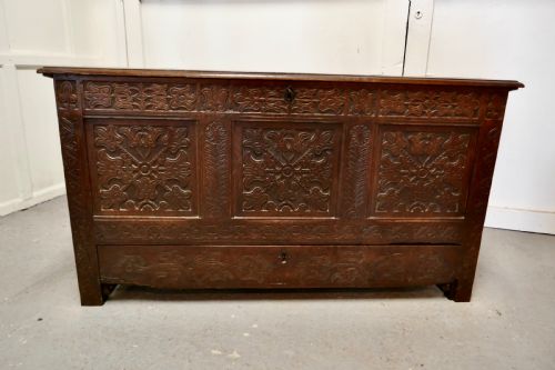 Large 18th Century Carved Oak Mule Chest, Marriage Chest