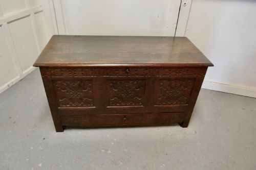 fig 1. Large 18th Century Carved Oak Mule Chest, Marriage Chest