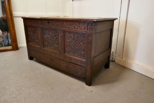 fig 3. Large 18th Century Carved Oak Mule Chest, Marriage Chest