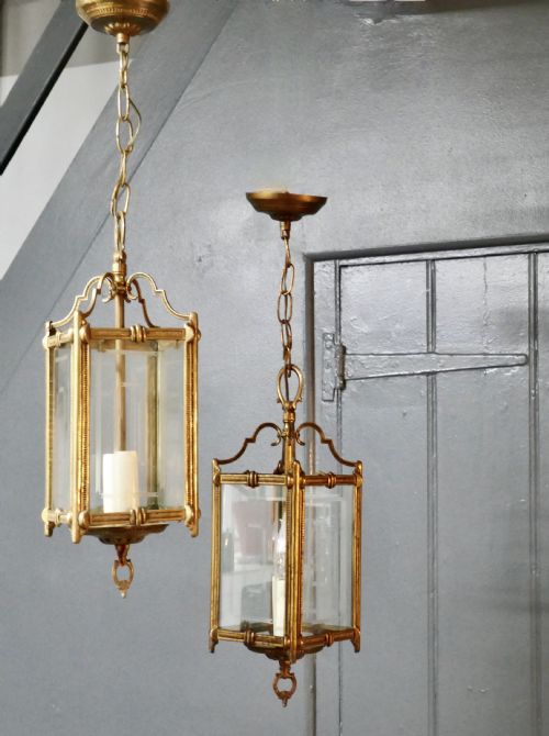 Superb Quality Pair of Art Deco French Brass and Etched Glass Lanterns