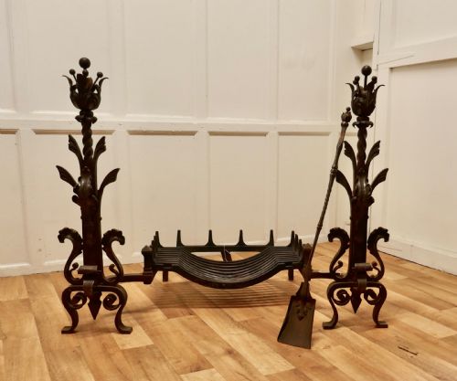 Large French Inglenook Fire Grate on Andirons