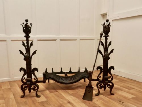 fig 2. Large French Inglenook Fire Grate on Andirons