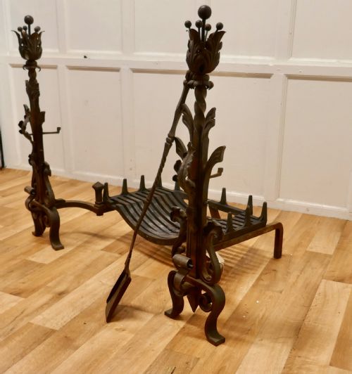 fig 3. Large French Inglenook Fire Grate on Andirons