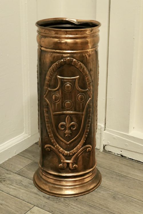 French Arts and Crafts Embossed Copper Stick Stand, Umbrella Stand