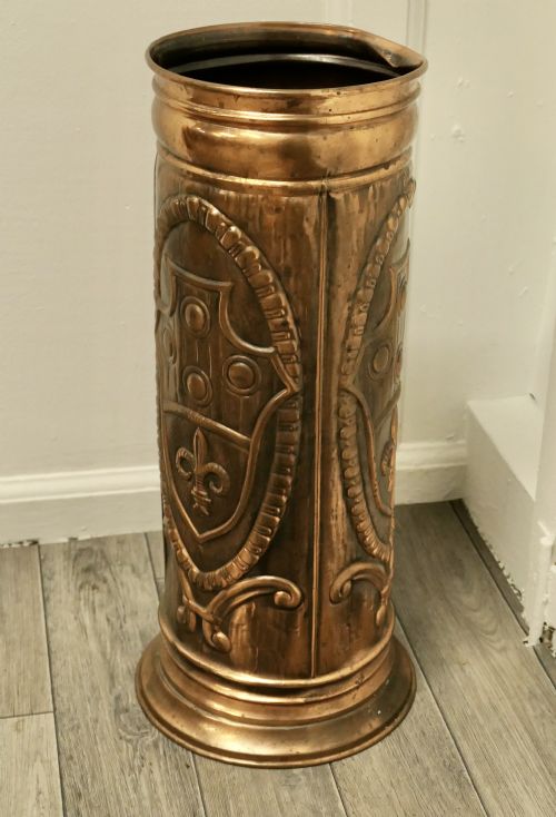 fig 1. French Arts and Crafts Embossed Copper Stick Stand, Umbrella Stand