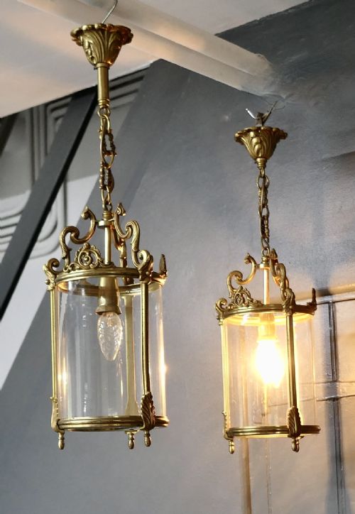 A Pair of French Rococo Brass and Glass Lantern Hall Lights