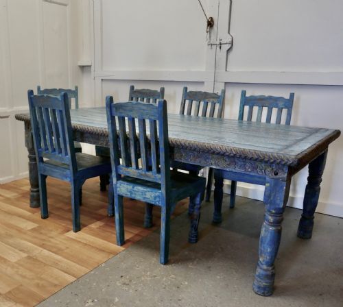 Large Carved Folk Art Painted Table and 6 Chairs