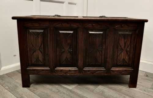 Arts and Crafts Gothic Carved Panelled Oak Coffer