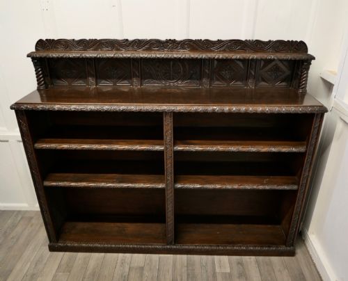 Long Carved Arts and Crafts Gothic Oak Open Book Case