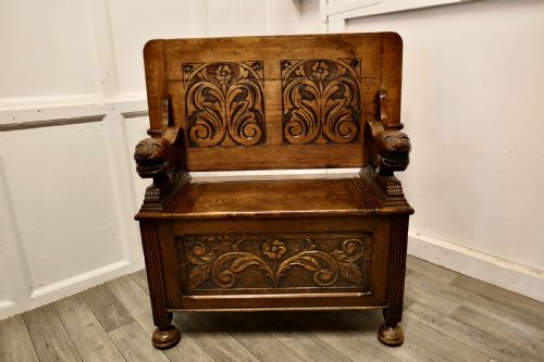 Arts and Crafts Carved Oak Monks Bench Settle, Hall Table