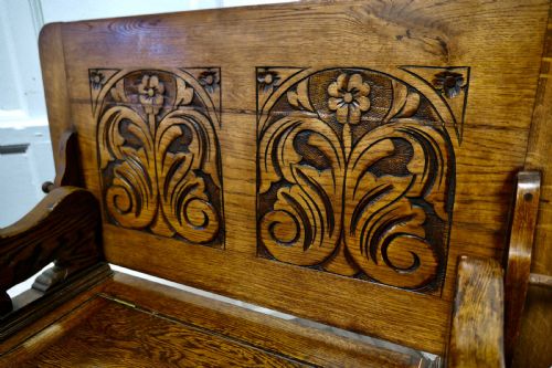 fig 1. Arts and Crafts Carved Oak Monks Bench Settle, Hall Table