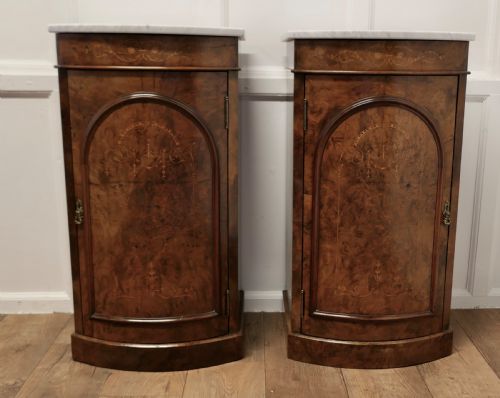 Pair of Mirror Veneer Burr Walnut and Marble Side Cabinets