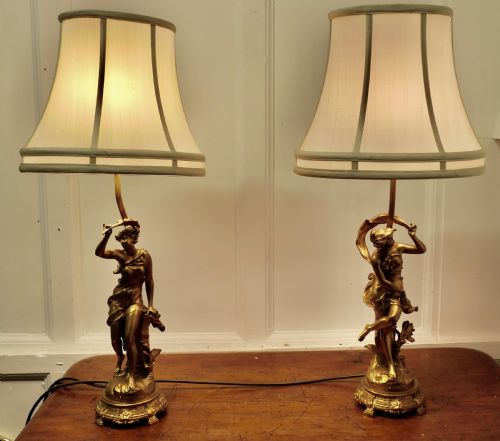 A Pair of French Figural Brass Lamps, After Ernest Justin Ferrand