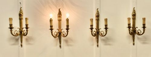 Set of 4 French Neo Classical Large Brass Twin Wall Lights