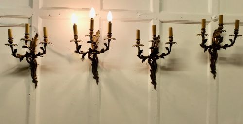 Set of 4 Large French Brass 3 Branch Wall Lights