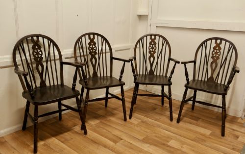 Set of 4 Beech and Elm Wheel Back Carver Chairs