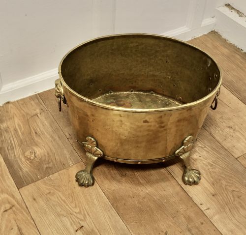 19th Century Oval Brass Lions Mask Log Bin