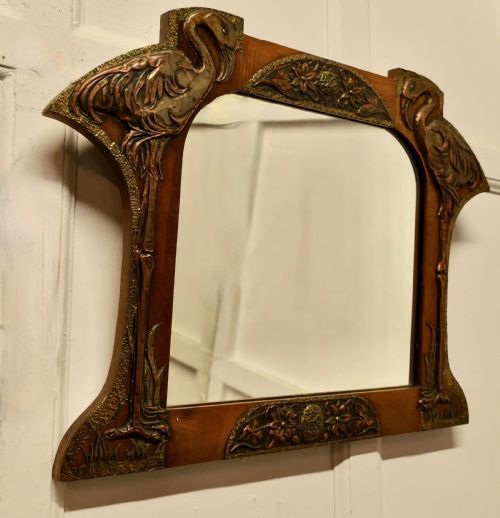 Unusual Arts and Crafts Copper and Brass Mirror with Flamingos