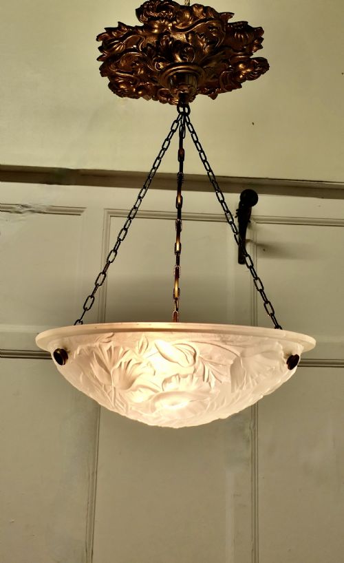French Art Deco Opaque Glass Ceiling Light with Brass Rose