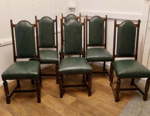 Set of 6 Arts and Crafts Gothic Oak Leather Dining Chairs