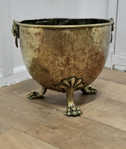 19th Century Beaten Brass Lions Mask Log Bin