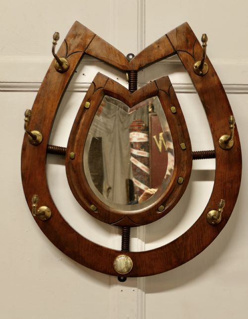 Irish Arts and Crafts Mirrored Horseshoe Coat and Tack Rack