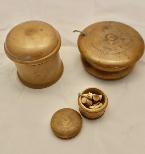 3 HAND MADE SYCAMORE TREEN POTS 1 WITH MINIATURES